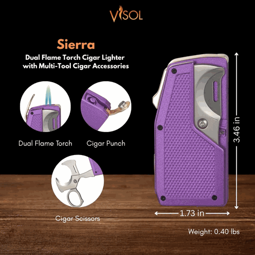 Visol Sierra Dual Torch Flame Cigar Lighter with Multi-Tool Accessories - Purple