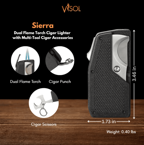 Visol Sierra Dual Torch Flame Cigar Lighter with Multi-Tool Cigar Accessories - Black Visol Sierra Dual Torch Flame Cigar Lighter with Multi-Tool Cigar Accessories - Black