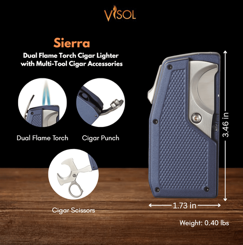 Visol Sierra Dual Torch Flame Cigar Lighter with Multi-Tool Cigar Accessories - Blue Visol Sierra Dual Torch Flame Cigar Lighter with Multi-Tool Cigar Accessories - Blue