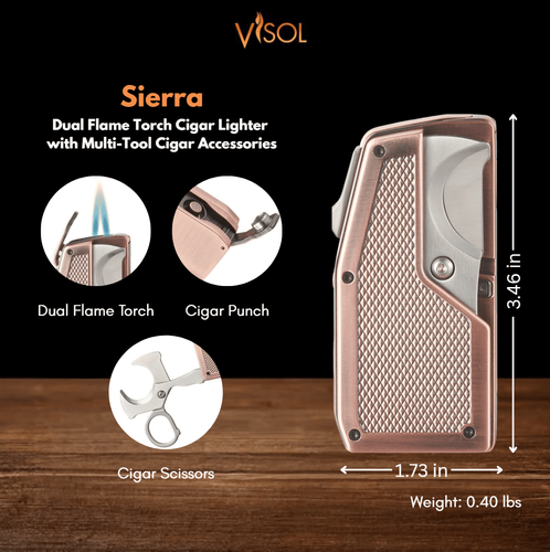 Visol Sierra Dual Torch Flame Cigar Lighter with Multi-Tool Cigar Accessories - Bronze