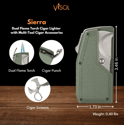 Visol Sierra Dual Torch Flame Cigar Lighter with Multi-Tool Cigar Accessories - Green