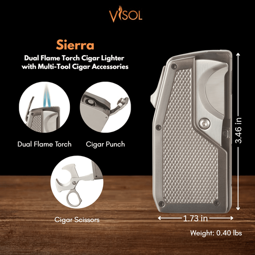 Visol Sierra Dual Torch Flame Cigar Lighter with Multi-Tool Cigar Accessories - Gunmetal