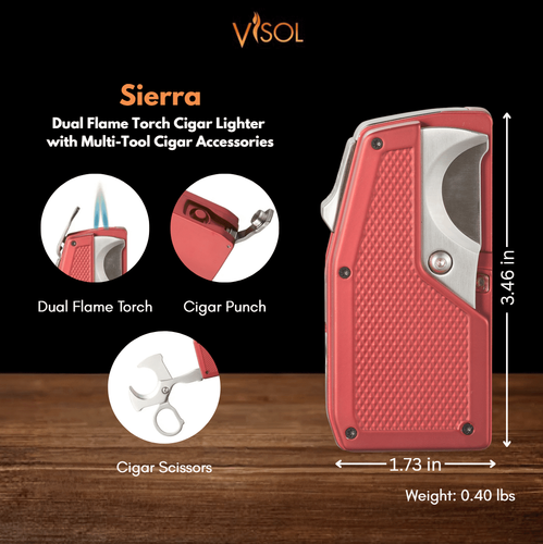 Visol Sierra Dual Torch Flame Cigar Lighter with Multi-Tool Cigar Accessories - Red