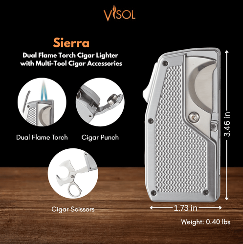 Visol Sierra Dual Torch Flame Cigar Lighter with Multi-Tool Cigar Accessories - Silver