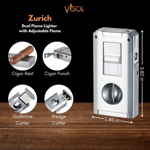 Visol Zurich Dual Torch Flame Cigar Lighter - Silver Visol Zurich Dual Torch Flame Cigar Lighter - Silver