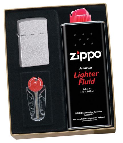 Zippo Satin Chrome Slim Lighter Gift Kit - Ships by Ground Only