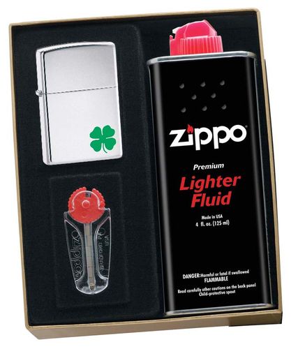 Zippo Shamrock Polished Chrome Lighter Gift Kit - Ships by Ground Only