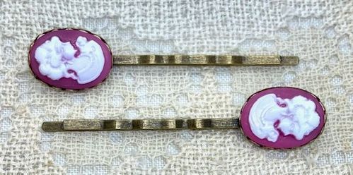 2 Pink & White Cameo Bobby Pins