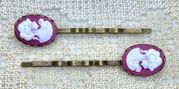 2 Pink & White Cameo Bobby Pins