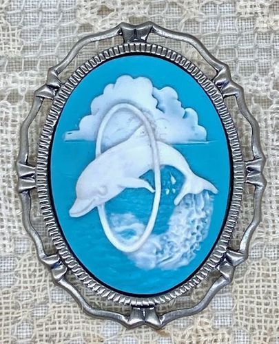 Blue & White Dolphin Cameo Brooch Pin/Pendant