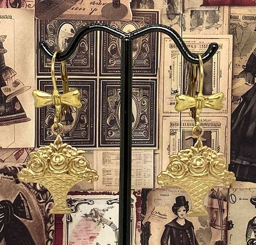 Earrings w/Vintage Stamped Brass Basket Charms