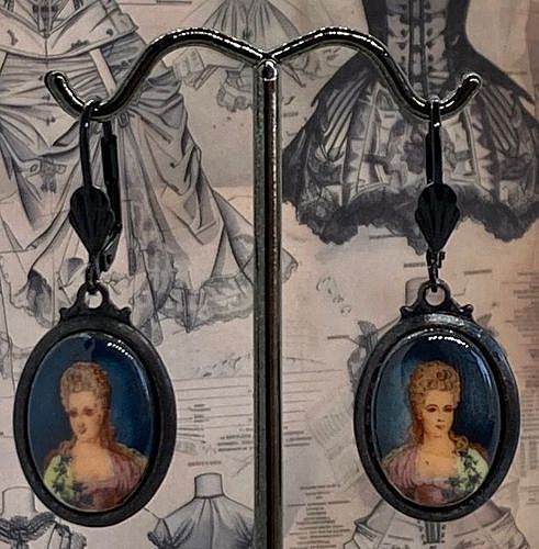 Mourning Pierced Earrings w/Vintage Porcelain Portrait Cabochon