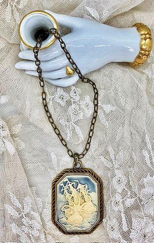 **NEW!** Kraken Octopus Sinking Ship Cameo w/Antiqued Gold Tone Necklace