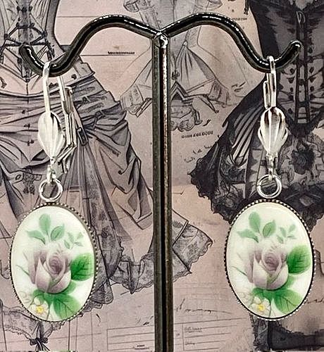 Pierced Earring w/Vintage Oval Ceramic Floral Cabochon