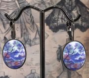 Pierced Earrings w/Vintage Oriental Landscape Cabochons