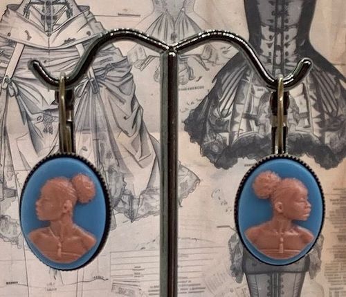 Blue & Brown Cameo Pierced Earrings