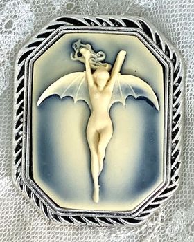 **NEW!** Grey Vampire Lady e/Bat Wings Cameo Brooch Pin