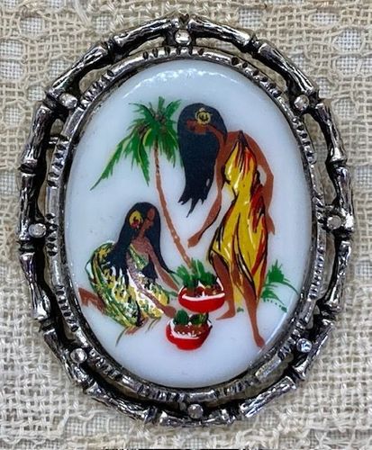 Vintage Bamboo Brooch Pin w/Vintage Hawaiian Tiki Themed Cabochon
