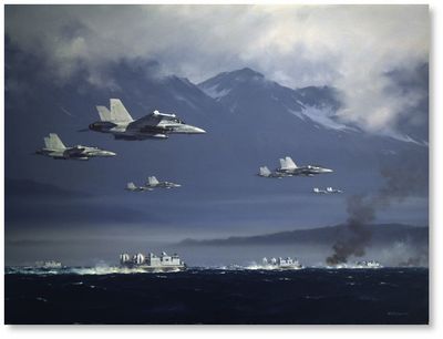 Marine F/A-18s Escorting LCACs by R.G. Smith