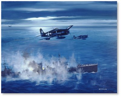 F6Fs Hellcats Attacking Ship by R.G. Smith