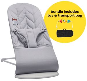 BabyBjorn Bouncer + Flying Friends Toy Bar + Transport Bag Bundle - Bliss, Petal Quilt Cotton Light Gray