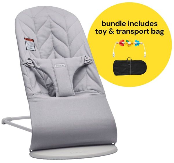 BabyBjorn Bouncer + Flying Friends Toy Bar + Transport Bag Bundle - Bliss, Petal Quilt Cotton Light Gray