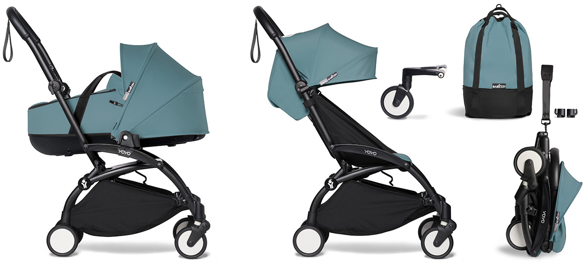 Babyzen YOYO2 Ultra Compact Complete 6+ Stroller with Bassinet & Rolling Bag Bundle - Black/Aqua
