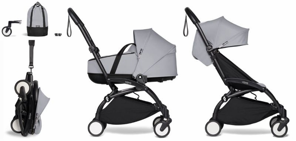 Babyzen YOYO2 Ultra Compact Complete 6+ Stroller with Bassinet & Rolling Bag Bundle - Black / Stone