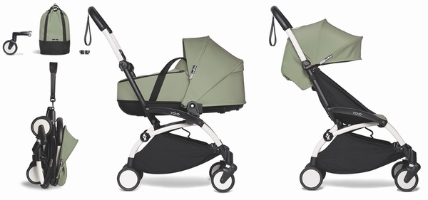 Babyzen YOYO2 Ultra Compact Complete 6+ Stroller with Bassinet & Rolling Bag Bundle - White / Olive