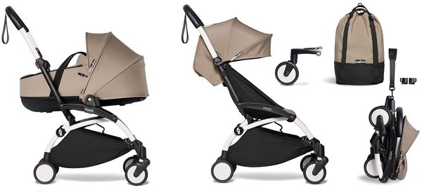 Babyzen YOYO2 Ultra Compact Complete 6+ Stroller with Bassinet & Rolling Bag Bundle - White/Taupe