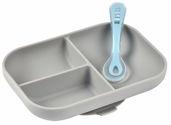 BEABA Silicone Divided Suction Plate And Spoon Set - Cloud