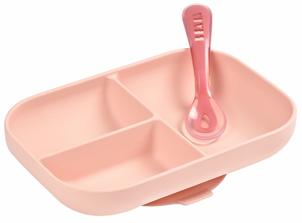 BEABA Silicone Divided Suction Plate And Spoon Set - Rose