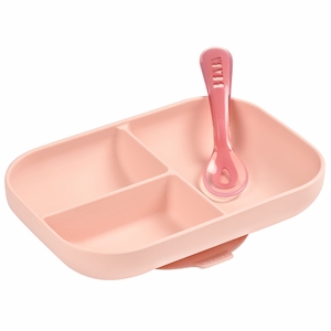 BEABA Silicone Divided Suction Plate And Spoon Set - Rose