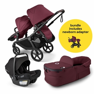 Bugaboo Kangaroo All-Position Newborn Double Stroller + Turtle Air Shield By Nuna Travel System Bundle - Black / Dark Cherry / Dark Cherry / Black