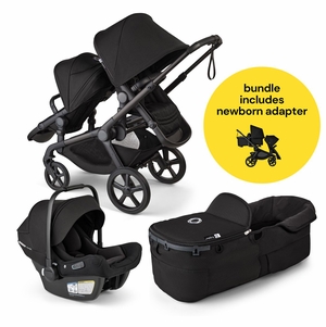 Bugaboo Kangaroo All-Position Newborn Double Stroller + Turtle Air Shield By Nuna Travel System Bundle - Black / Midnight Black / Midnight Black / Black