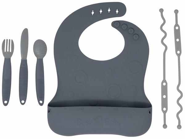 Busy Baby Bungee Bib & Utensil Bundle - Pewter
