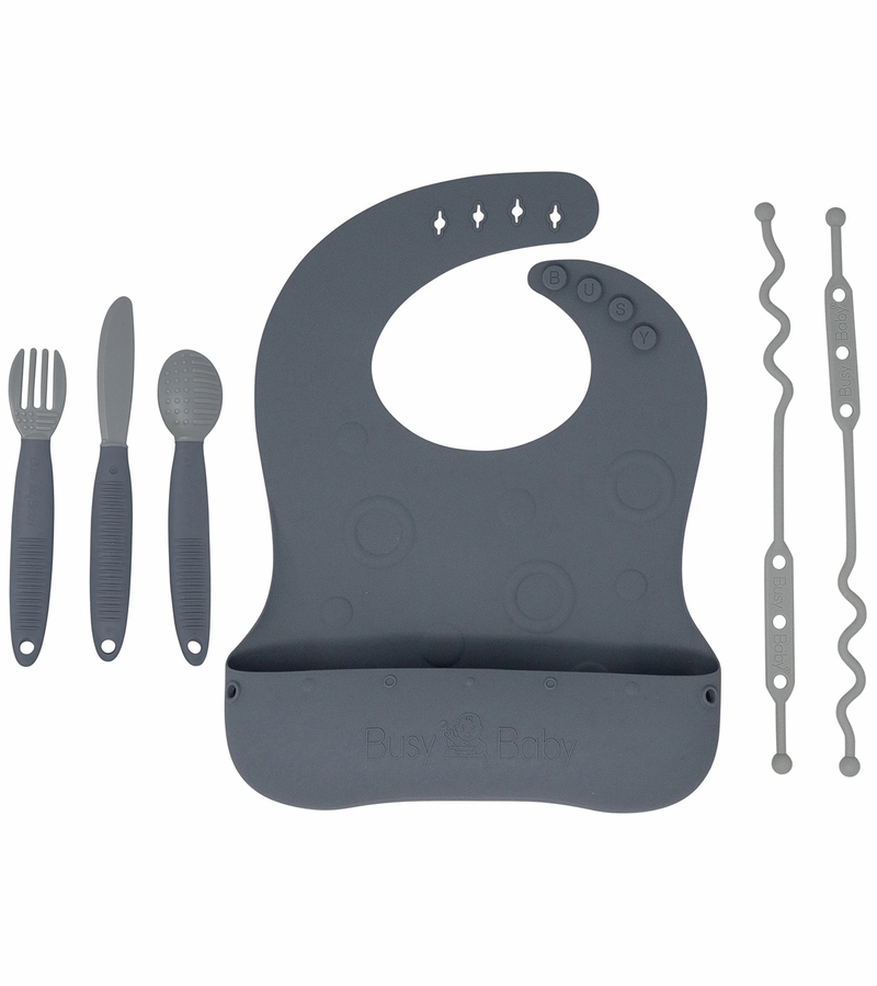 Busy Baby Bungee Bib & Utensil Bundle Pewter