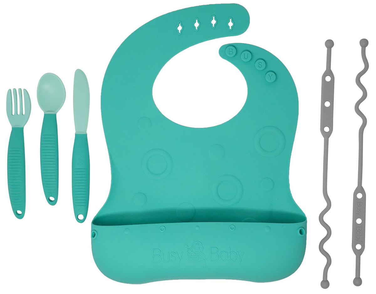 Busy Baby Bungee Bib & Utensil Bundle Spearmint
