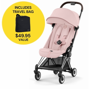 Cybex COYA Compact Stroller + Travel Bag Bundle - Chrome / Dark Brown / Peach Pink