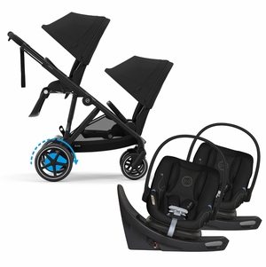 Cybex eGazelle S Double Stroller + Aton G Swivel SensorSafe Twin Travel System Bundle - Black Frame / Moon Black / Moon Black