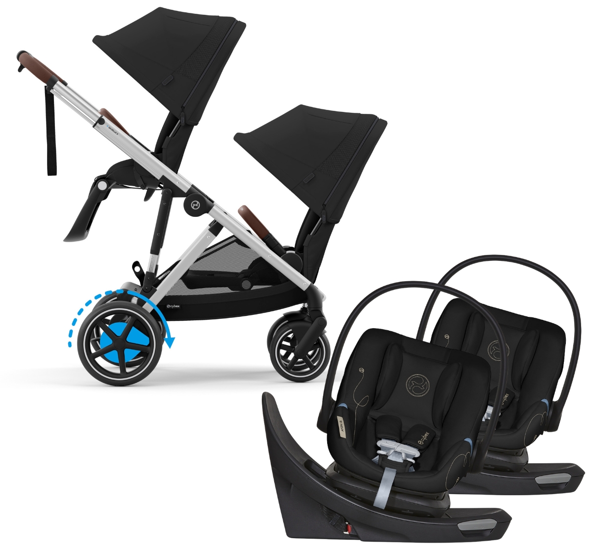 Cybex eGazelle Double Stroller + Aton G Swivel SensorSafe Twin Travel System Bundle - Silver Frame / Moon Black / Moon Black