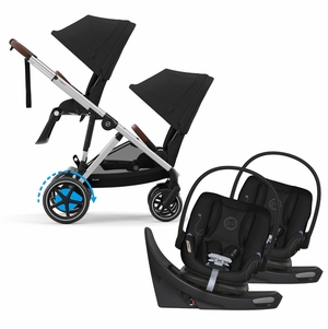 Cybex eGazelle S Double Stroller + Aton G Swivel SensorSafe Twin Travel System Bundle - Silver Frame / Moon Black / Moon Black