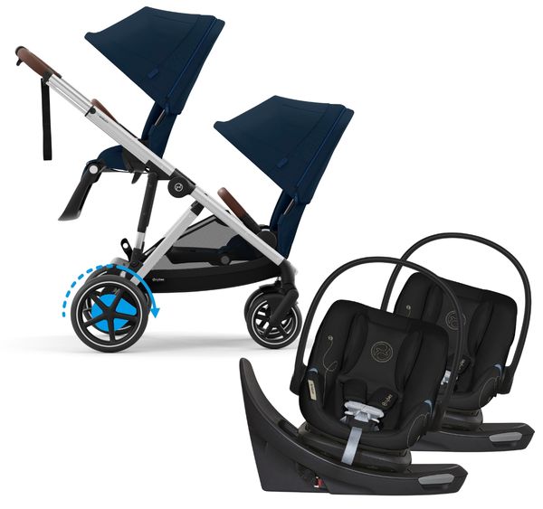 Cybex eGazelle S Double Stroller + Aton G Swivel SensorSafe Twin Travel System Bundle - Silver Frame / Ocean Blue / Moon Black