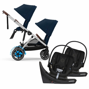 Cybex eGazelle S Double Stroller + Aton G Swivel SensorSafe Twin Travel System Bundle - Silver Frame / Ocean Blue / Moon Black
