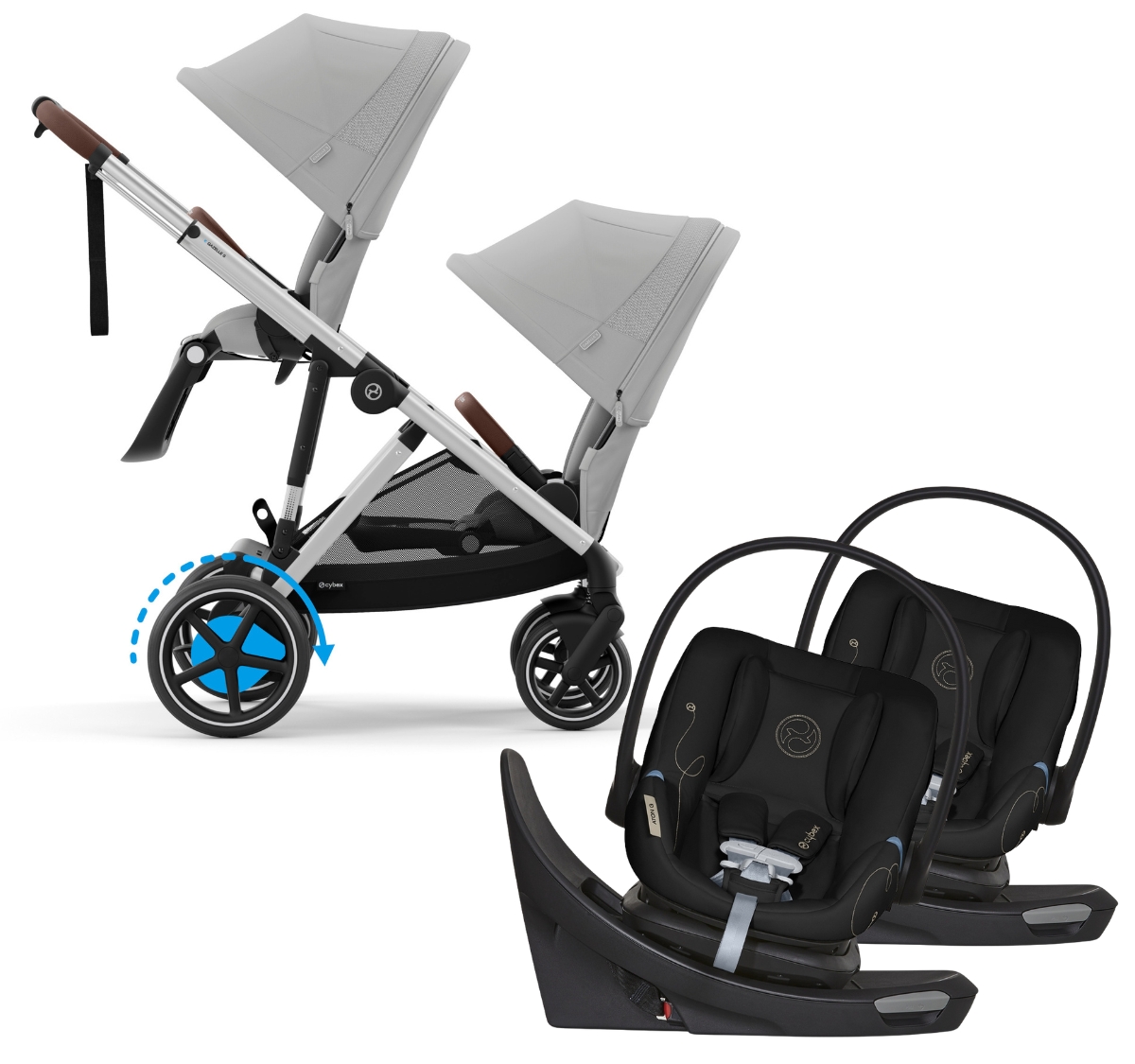 Cybex eGazelle Double Stroller + Aton G Swivel SensorSafe Twin Travel System Bundle - Silver Frame / Stone Grey / Moon Black