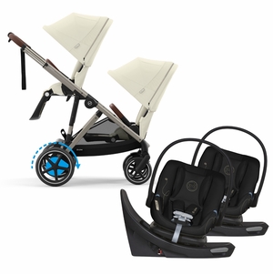 Cybex eGazelle S Double Stroller + Aton G Swivel SensorSafe Twin Travel System Bundle - Taupe Frame / Seashell Beige / Moon Black