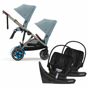 Cybex eGazelle S Double Stroller + Aton G Swivel SensorSafe Twin Travel System Bundle - Taupe Frame / Stormy Blue / Moon Black