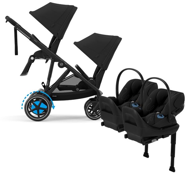 Cybex eGazelle S Double Stroller + Cloud G Lux SensorSafe Twin Travel System Bundle - Black Frame / Moon Black / Moon Black