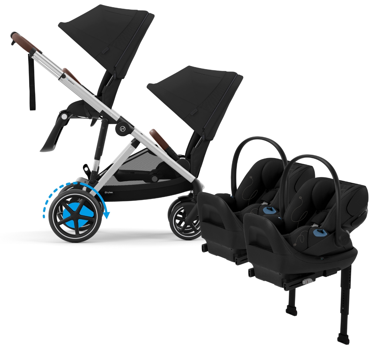 Cybex eGazelle Double Stroller + Cloud G Lux SensorSafe Twin Travel System Bundle - Silver Frame / Moon Black / Moon Black