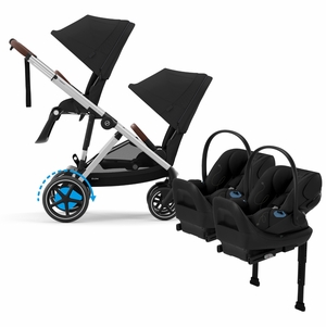 Cybex eGazelle S Double Stroller + Cloud G Lux SensorSafe Twin Travel System Bundle - Silver Frame / Moon Black / Moon Black